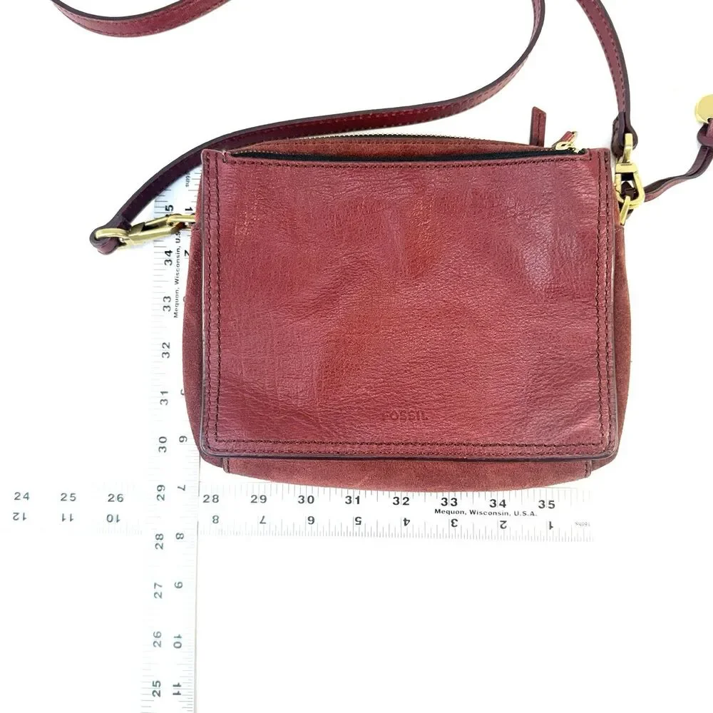 Fossil Campbell Purse Red Burgindy Leather and Suede Sling Bag Crossbody
